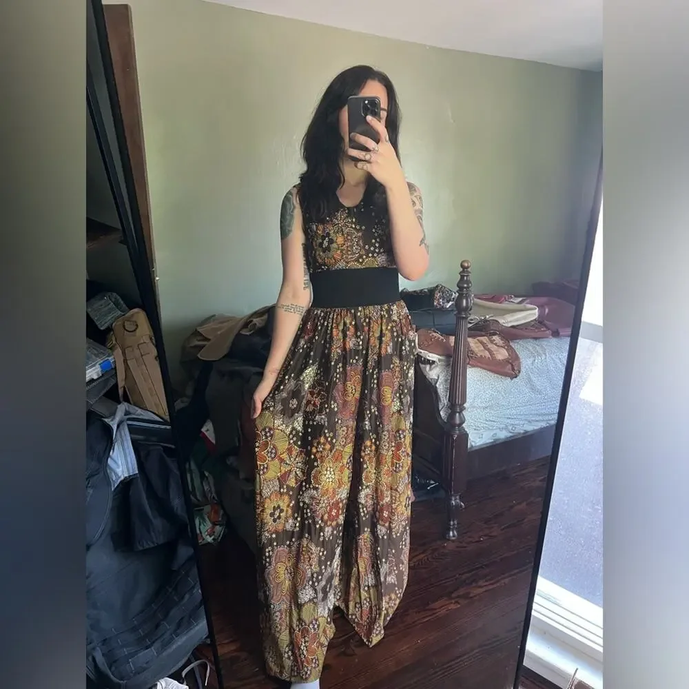 Vintage wide leg paisley jumpsuit 60s 70s brown Peter Pan collar S fall RARE - Picture 1 of 12